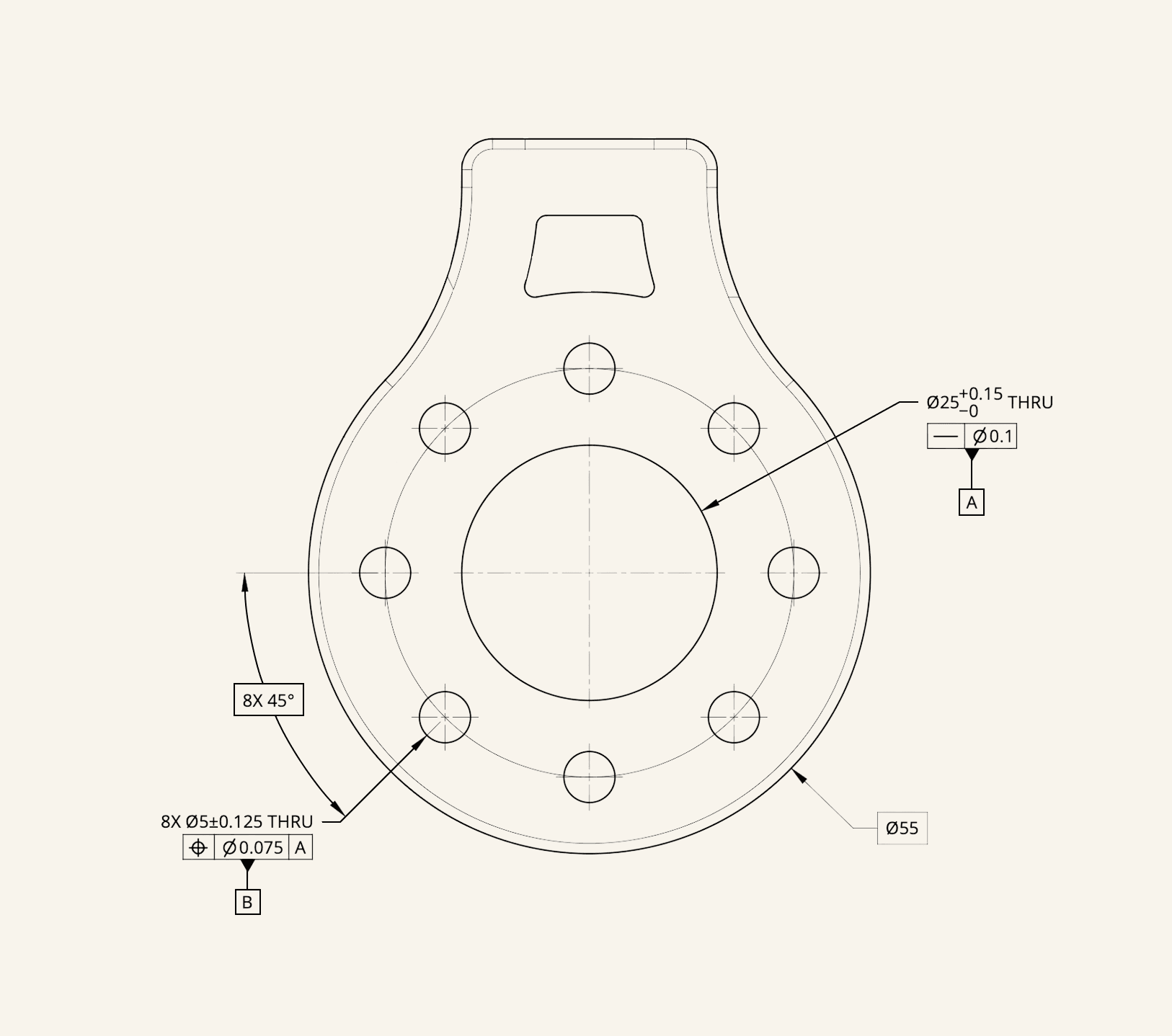 A Drafter-drawn sheet of the mounting bracket: the bore called out as diameter 25 +0.15/-0 THRU with datum A, and the 8X diameter 5 bolt pattern with a position tolerance.